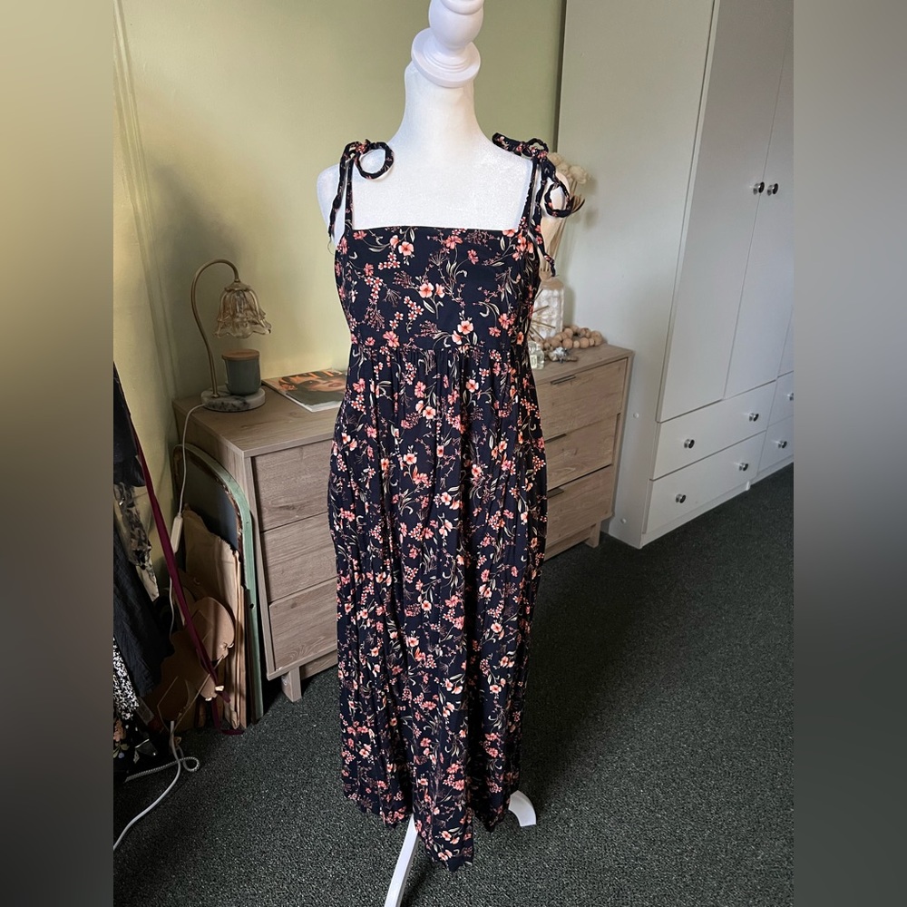 Navy Floral Print Midi Swing Tie Shoulder Square Neck Casual Flowy Summer Dress - Picture 11 of 16